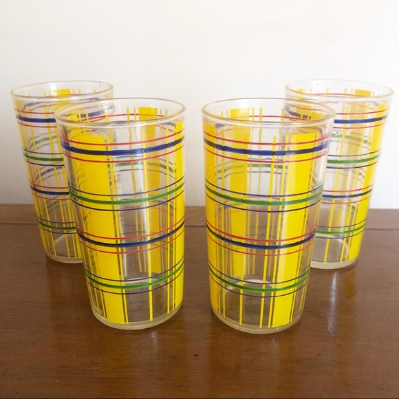 Vintage MCM Plaid Drinking Glasses Barware